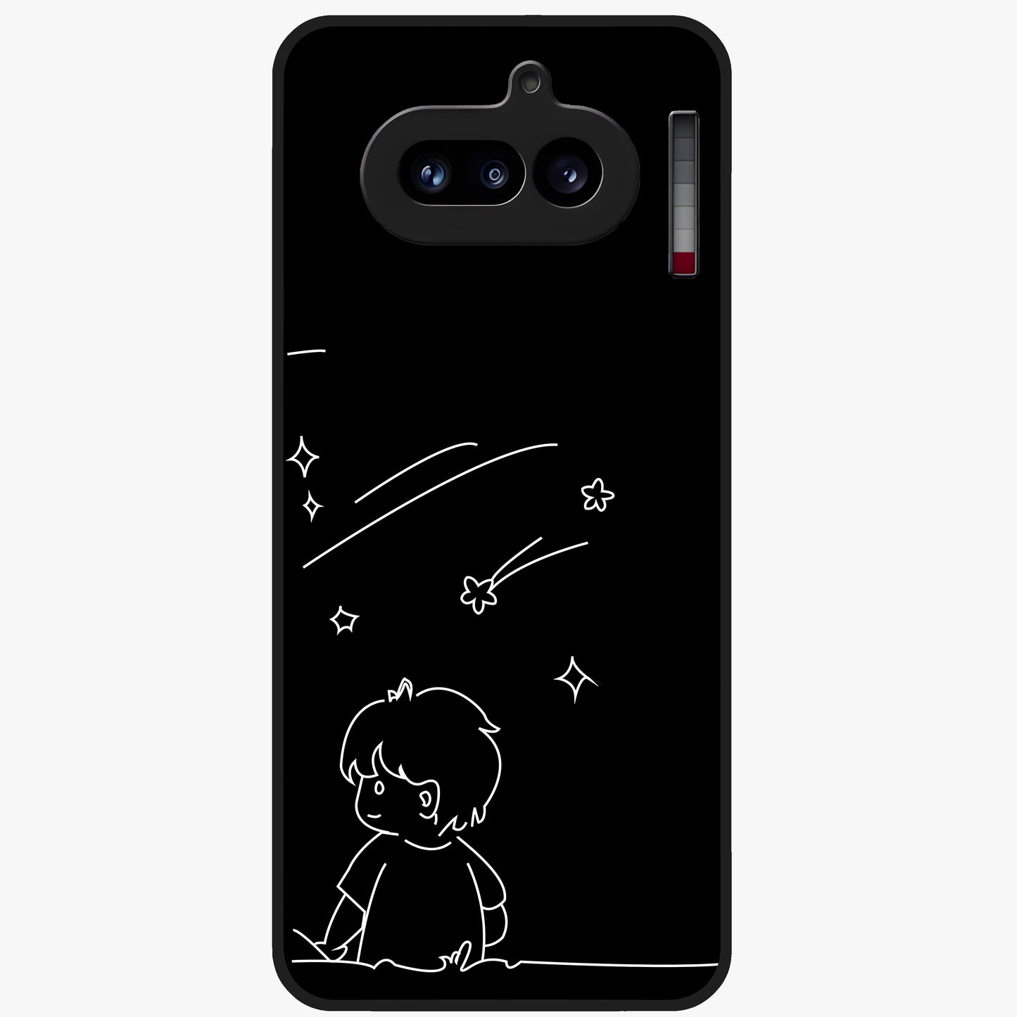 Line Art Boy With Shooting Stars Glass Case showing flat back view with minimal line art boy and shooting stars illustration and glossy glass finish.
