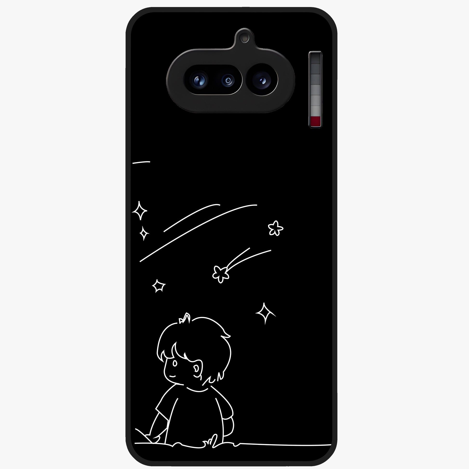 Line Art Boy With Shooting Stars Glass Case showing flat back view with minimal line art boy and shooting stars illustration and glossy glass finish.