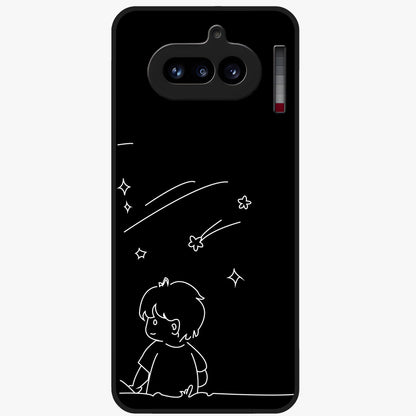 Line Art Boy With Shooting Stars Glass Case showing flat back view with minimal line art boy and shooting stars illustration and glossy glass finish.