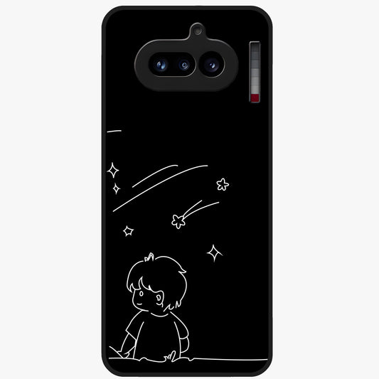 Line Art Boy With Shooting Stars Glass Case showing flat back view with minimal line art boy and shooting stars illustration and glossy glass finish.
