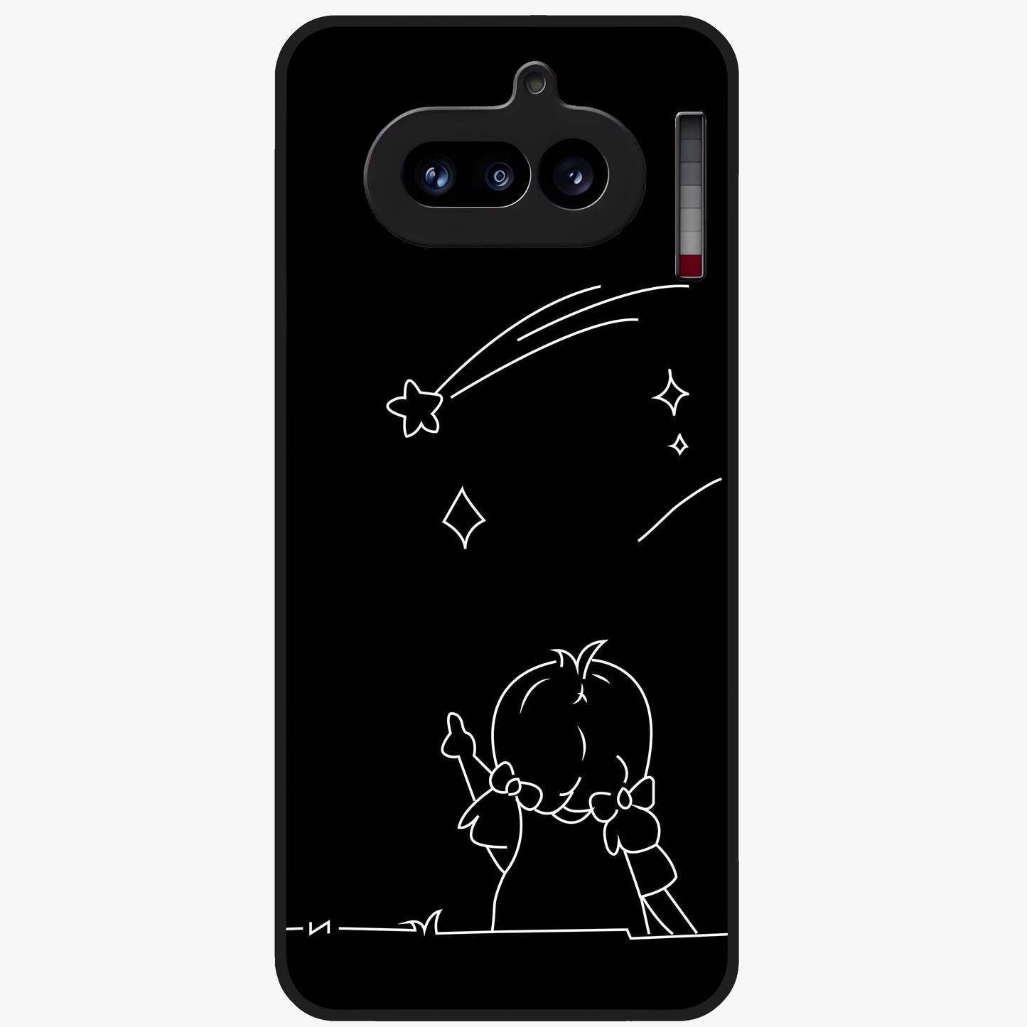 Line Art Girl With Shooting Stars Glass Case showing flat back view with minimal line art girl and shooting stars illustration and glossy glass finish.