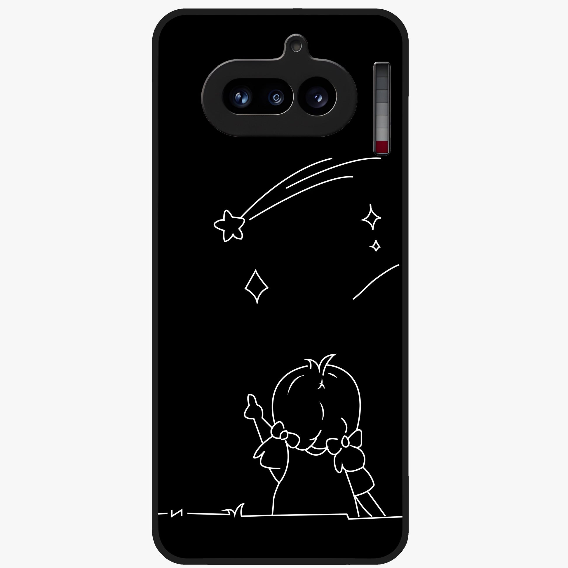 Line Art Girl With Shooting Stars Glass Case showing flat back view with minimal line art girl and shooting stars illustration and glossy glass finish.