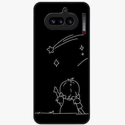 Line Art Girl With Shooting Stars Glass Case showing flat back view with minimal line art girl and shooting stars illustration and glossy glass finish.