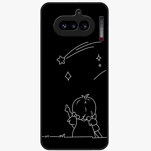 Line Art Girl With Shooting Stars Glass Case showing flat back view with minimal line art girl and shooting stars illustration and glossy glass finish.