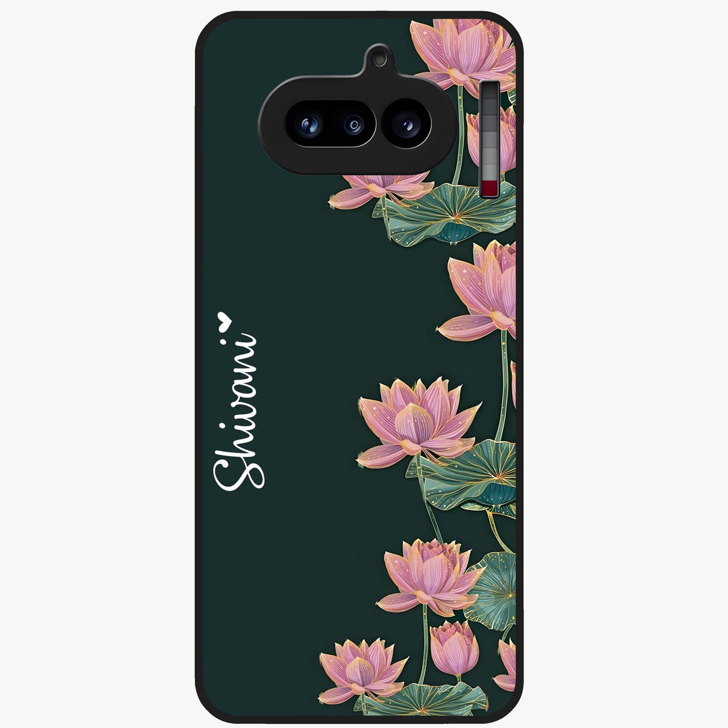 Lotus Bloom Serenity Custom Name Glass Case showing flat back view with elegant lotus flower artwork and personalized name design.