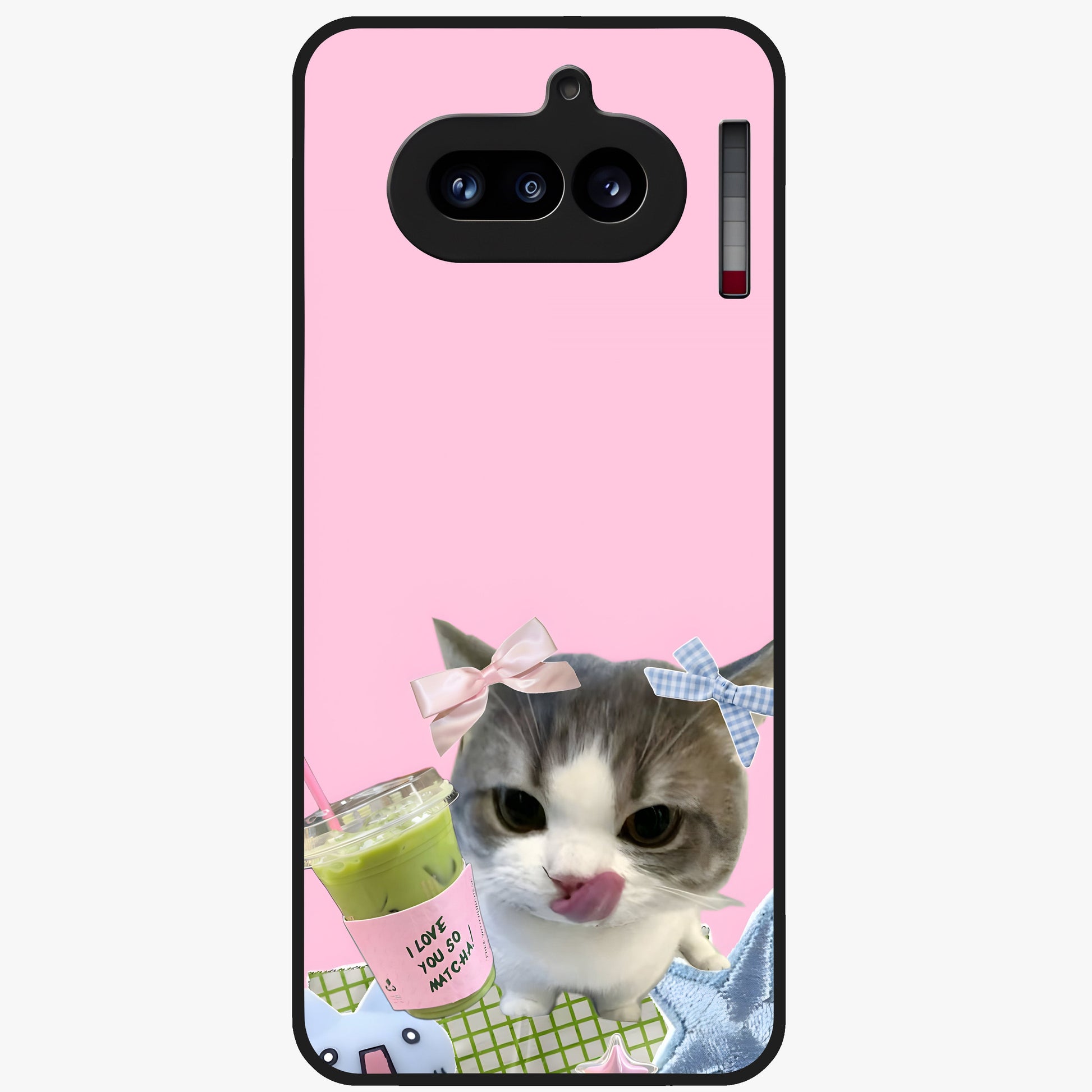 Love Matcha Cat Glass Case showing flat back view with cute cat and matcha themed artwork and glossy glass finish.