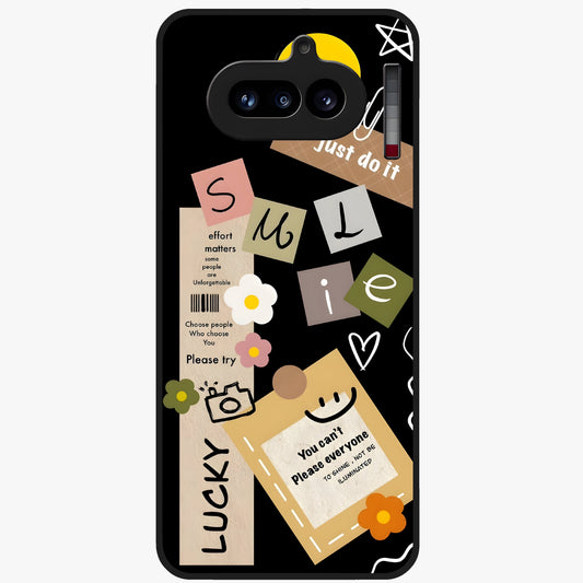 Lucky Aesthetic Collage Glass Case showing flat back view with trendy aesthetic collage artwork and glossy glass finish.