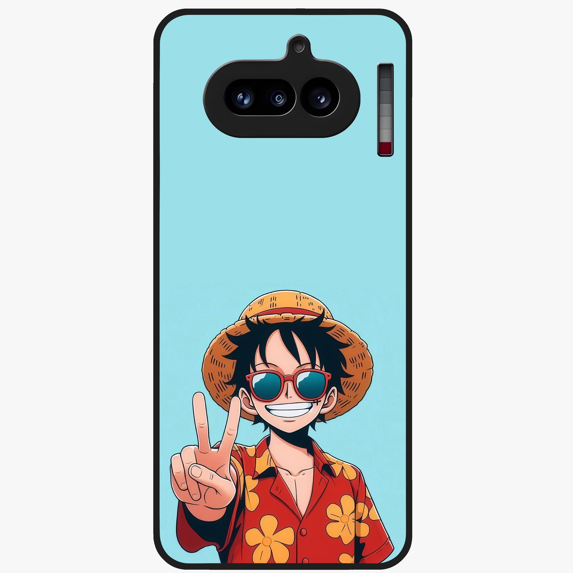 Luffy Summer Anime Vibe Glass Case showing flat back view with vibrant anime character artwork and glossy glass finish.