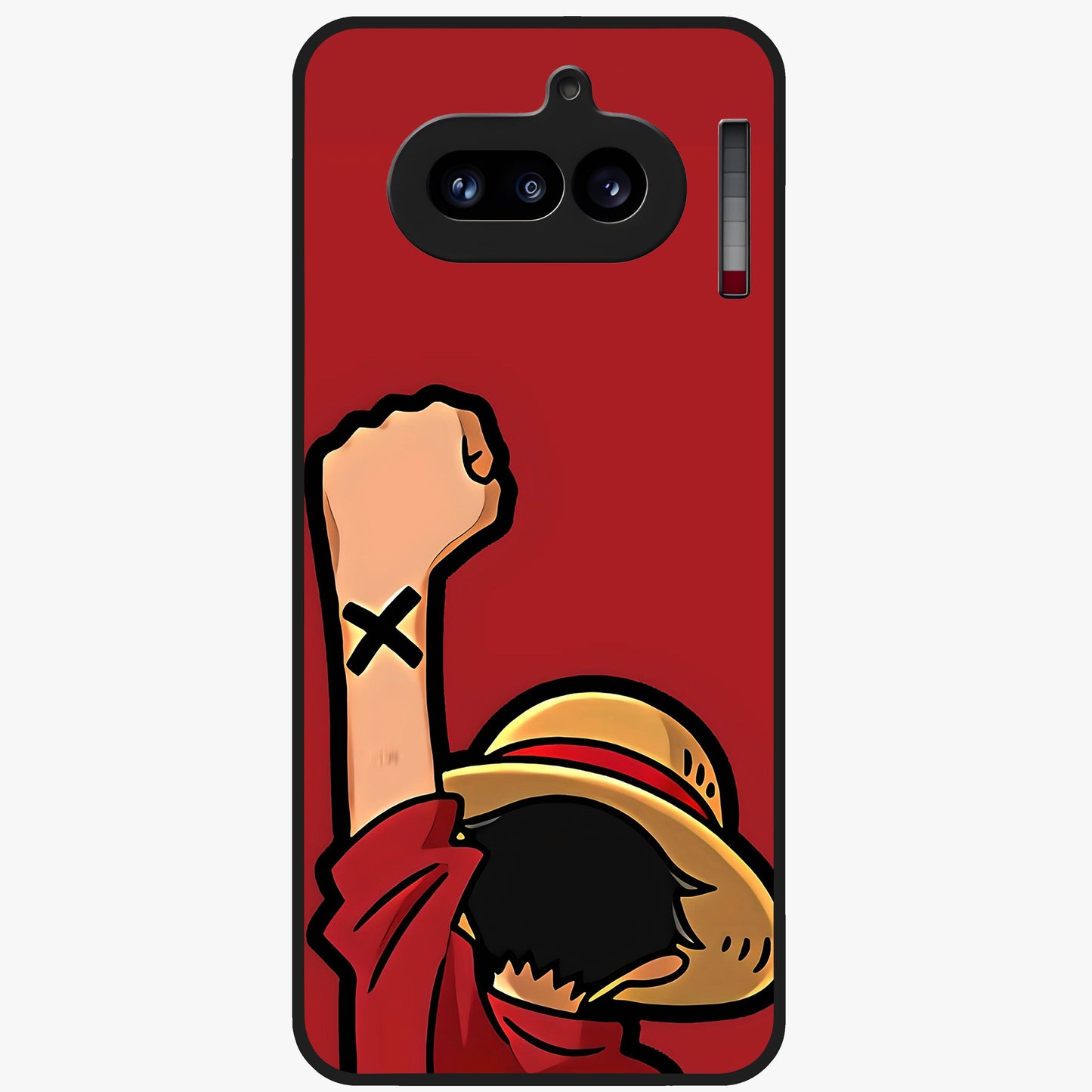 Luffy X Spirit Glass Case showing flat back view with bold anime character artwork and glossy glass finish.