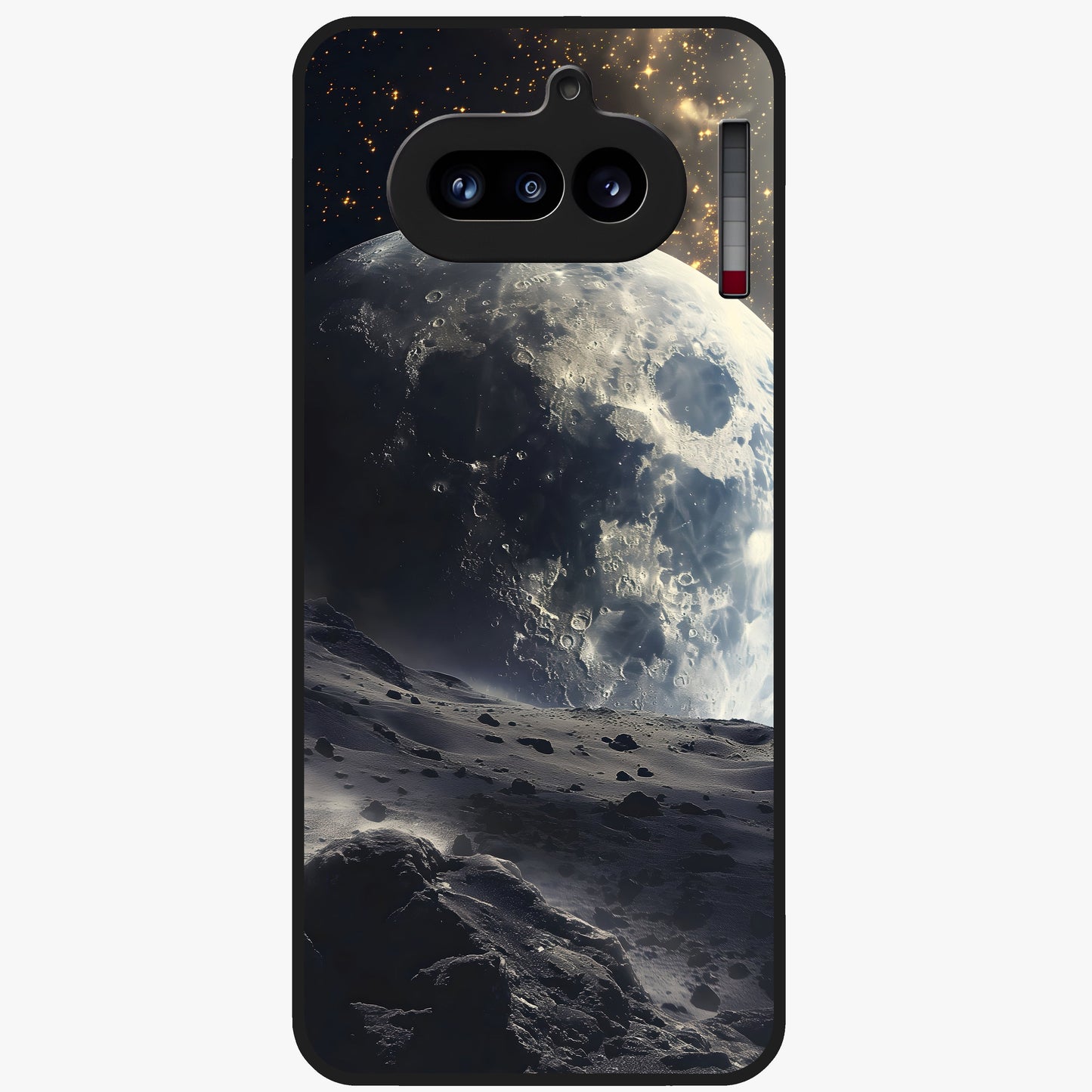 Lunar Horizon Glow Glass Case showing flat back view with glowing moon horizon artwork and glossy glass finish.