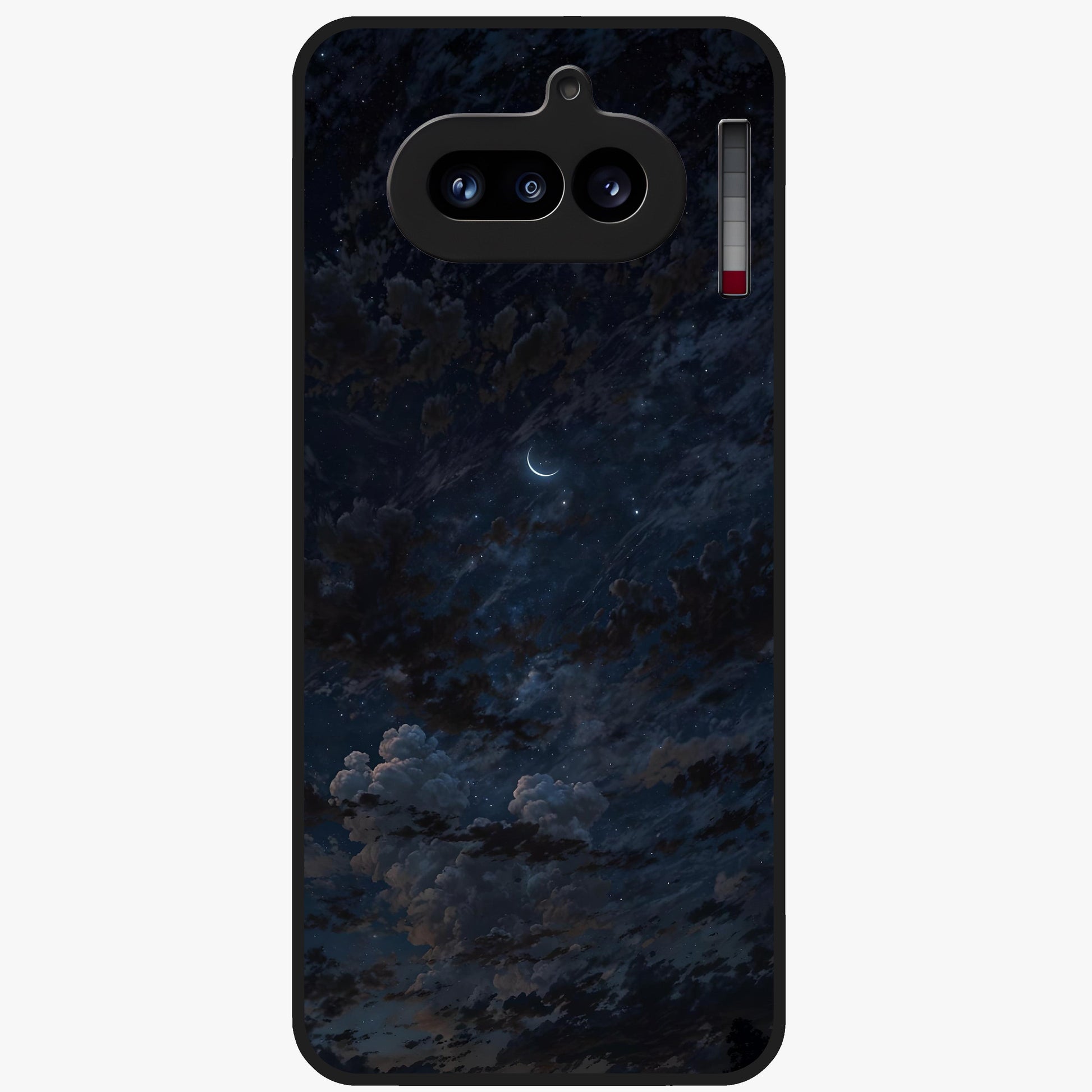 Lunar Veil Silence Glass Case showing flat back view with mystical moon veil artwork and glossy glass finish.