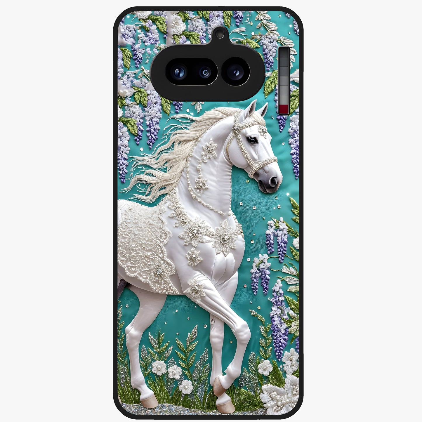 Majestic Floral Stallion Glass Case showing flat back view with powerful horse and floral artwork and glossy glass finish.