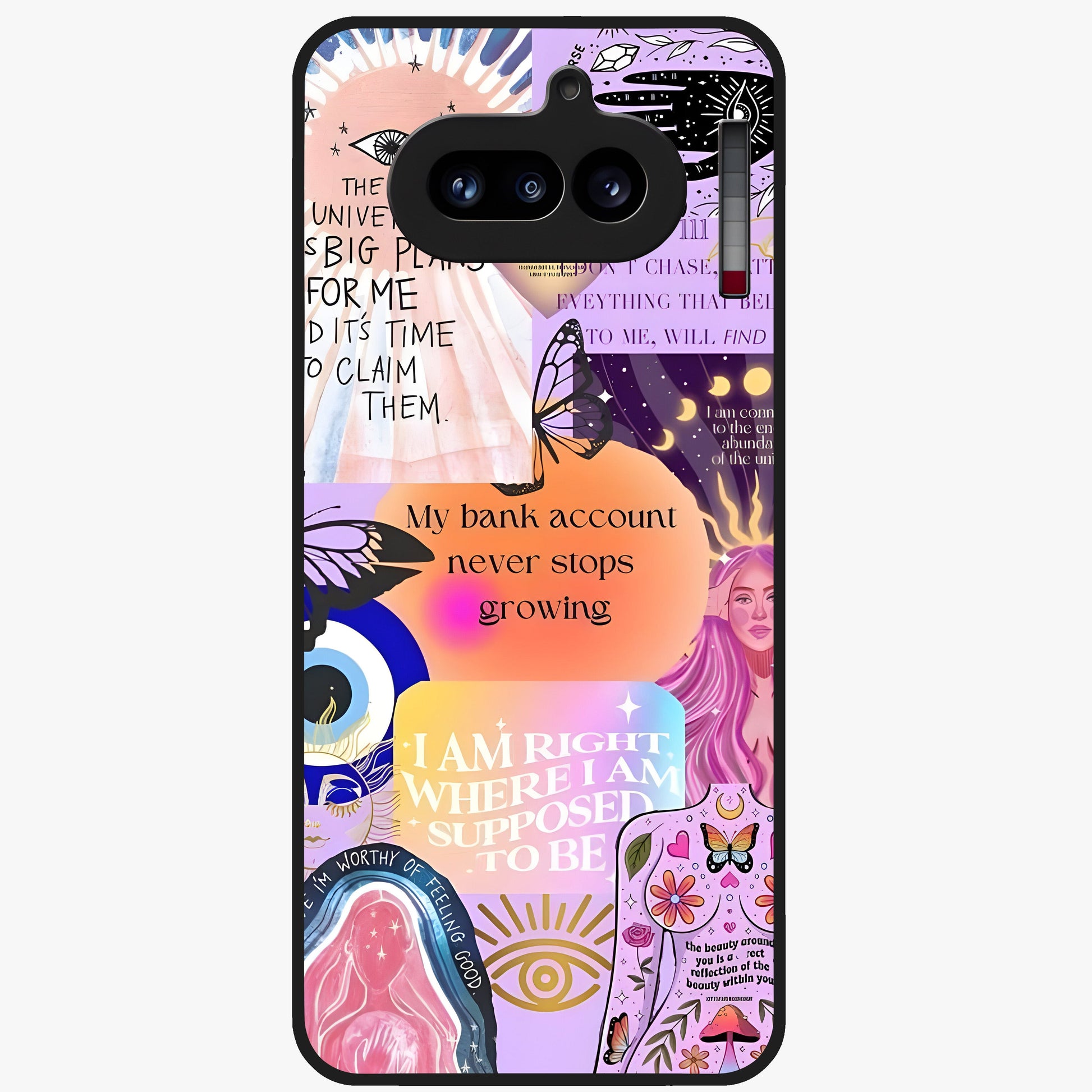 Manifestation Collage Glass Case showing flat back view with motivational collage artwork and glossy glass finish.