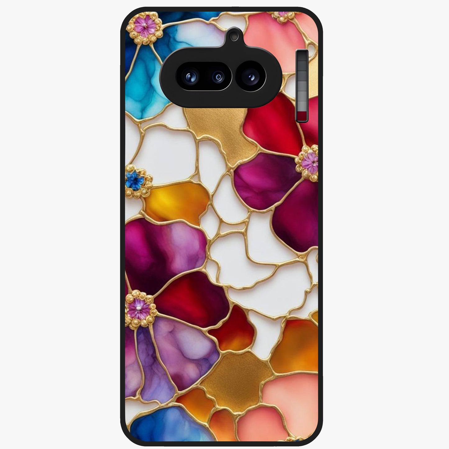 Marble Flower Pattern Glass Case showing flat back view with marble texture floral artwork and glossy glass finish.