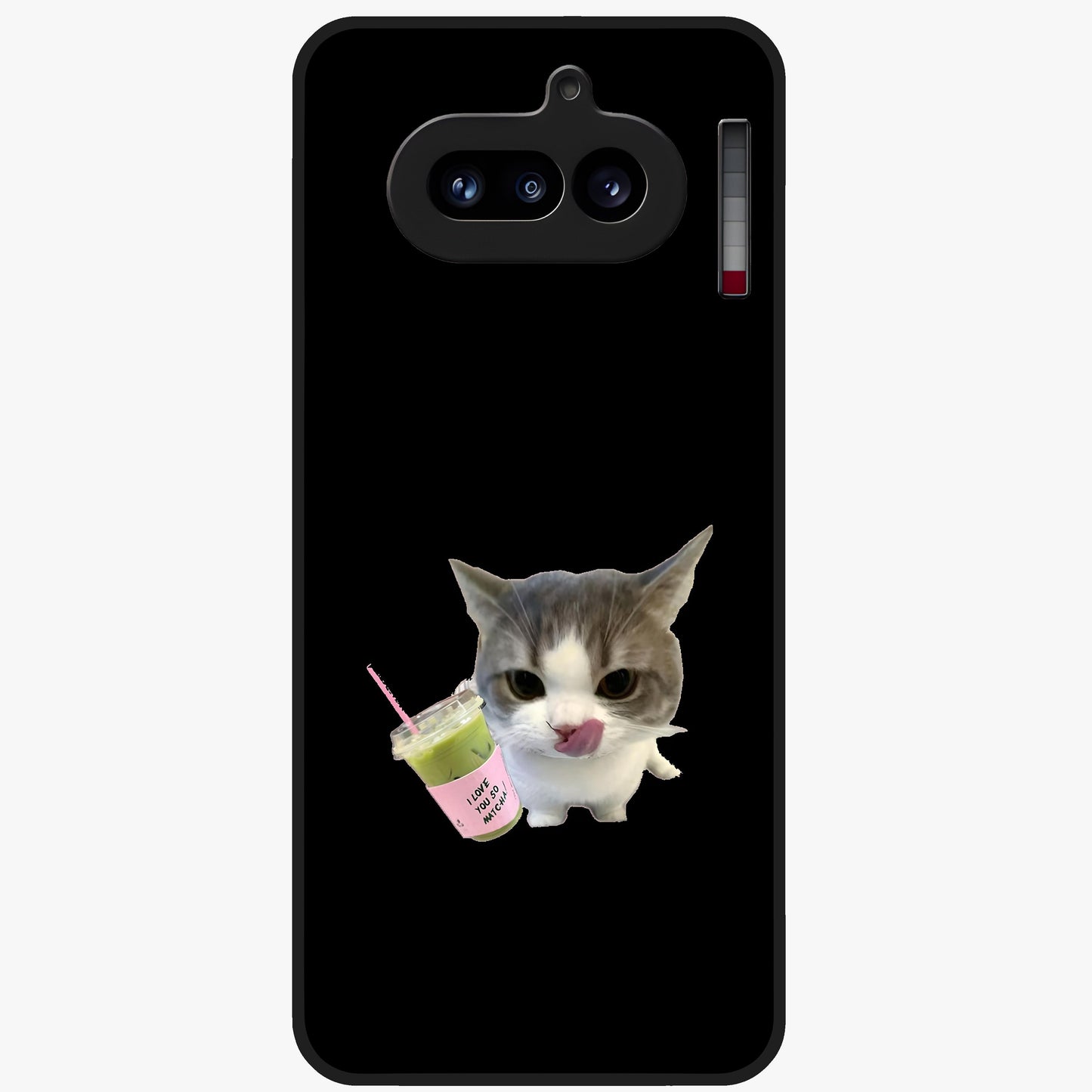 Matcha Cat Style Glass Case showing flat back view with cute matcha themed cat artwork and glossy glass finish.