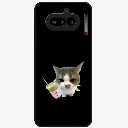 Matcha Cat Style Glass Case showing flat back view with cute matcha themed cat artwork and glossy glass finish.