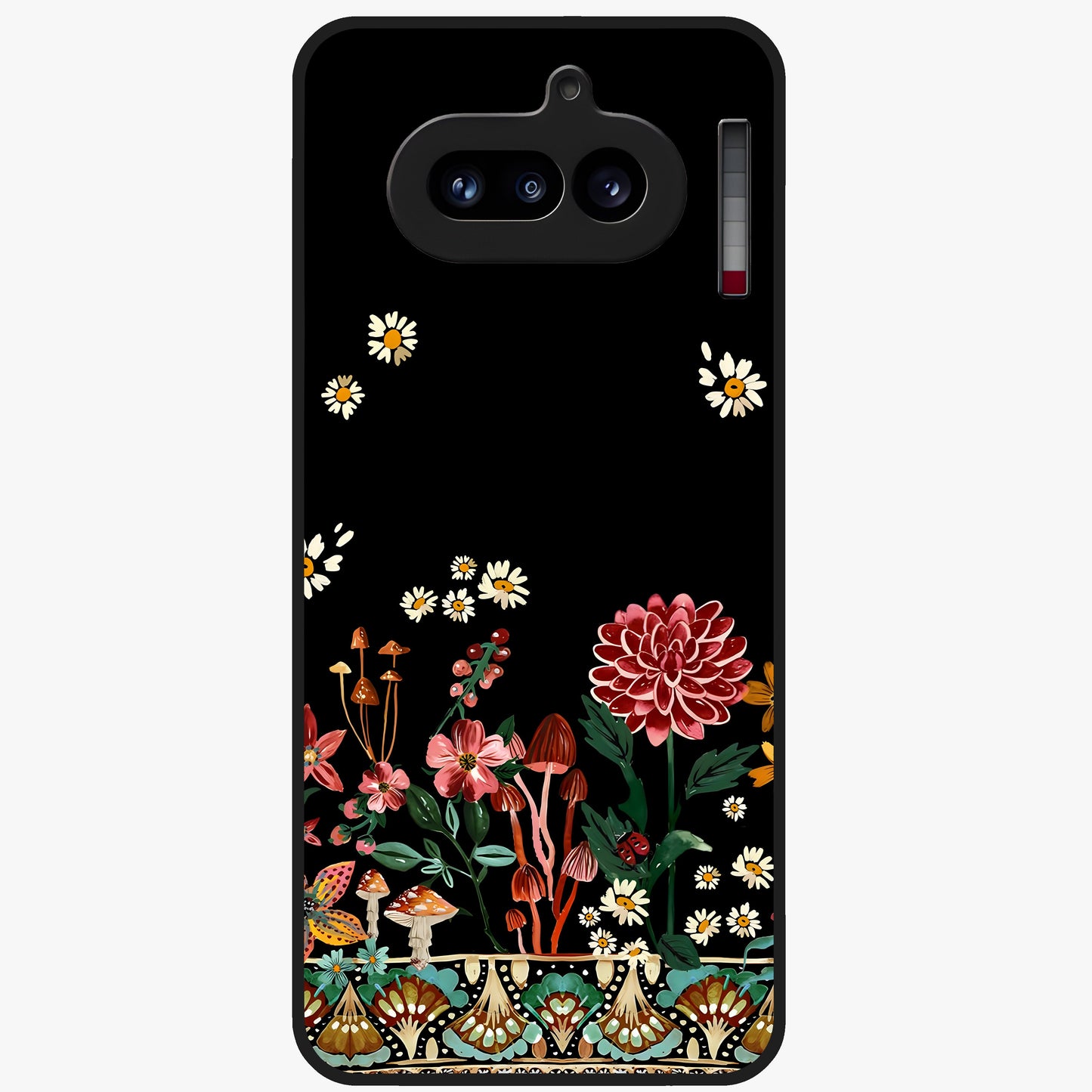 Midnight Bloom Pattern Glass Case showing flat back view with dark floral pattern artwork and glossy glass finish.