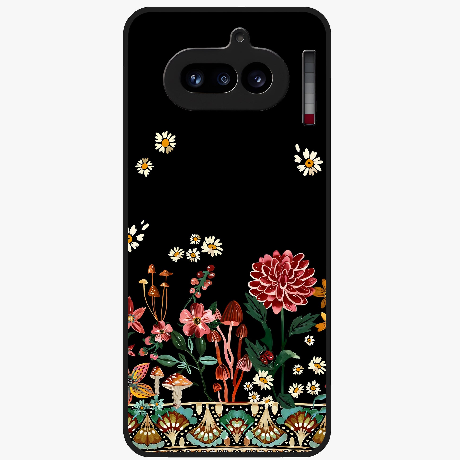 Midnight Bloom Pattern Glass Case showing flat back view with dark floral pattern artwork and glossy glass finish.