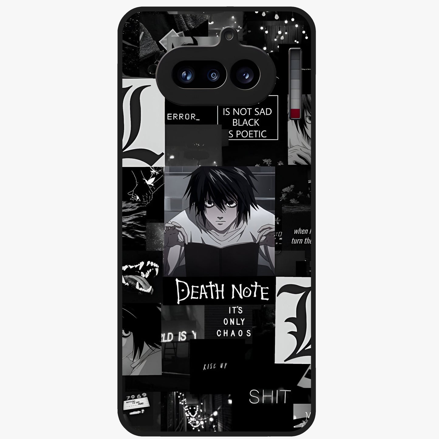 Midnight Chaos Mind Glass Case showing flat back view with abstract dark themed artwork and glossy glass finish.