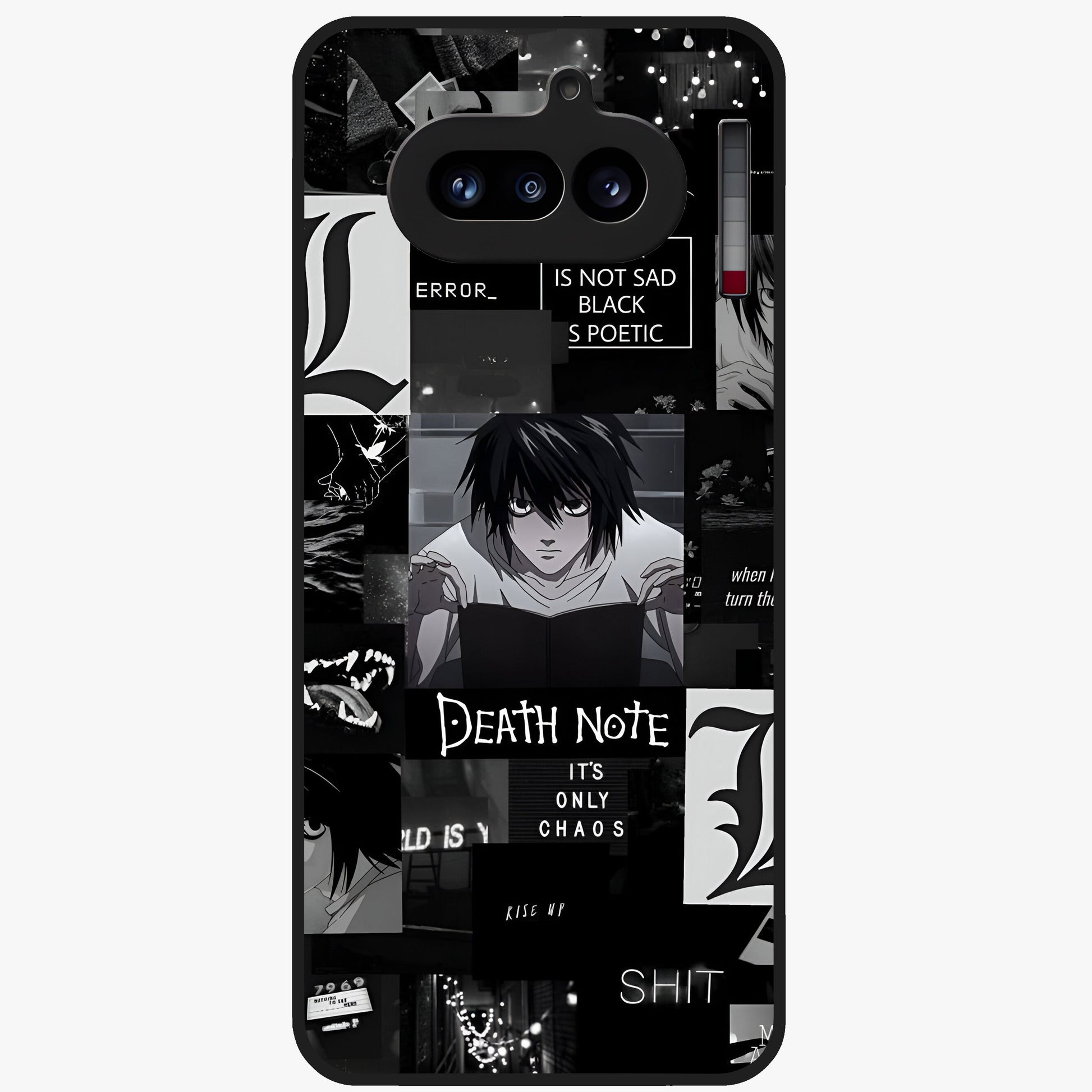 Midnight Chaos Mind Glass Case showing flat back view with abstract dark themed artwork and glossy glass finish.