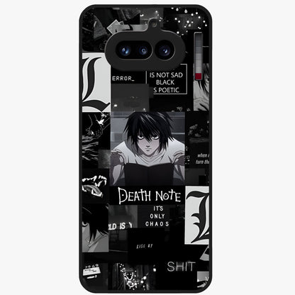 Midnight Chaos Mind Glass Case showing flat back view with abstract dark themed artwork and glossy glass finish.