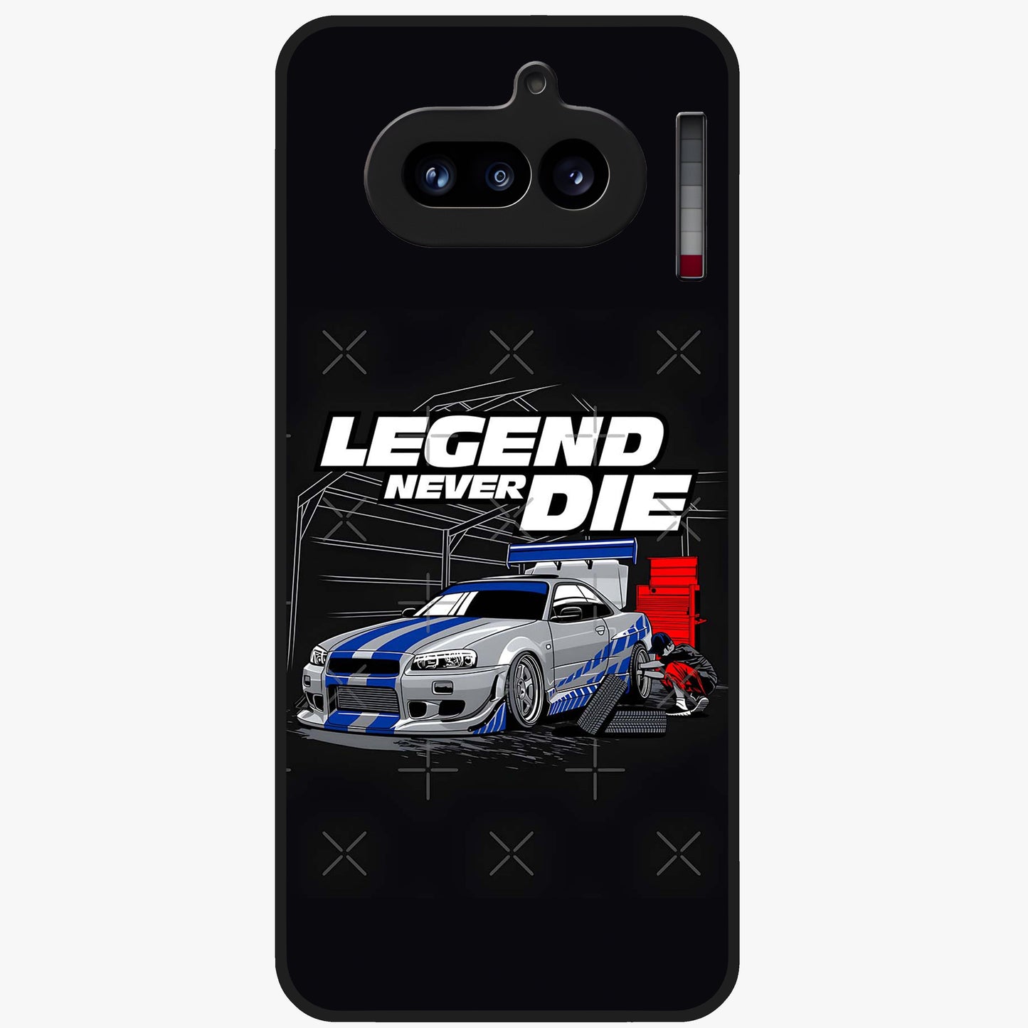 Midnight Racing Legacy Glass Case showing flat back view with sleek racing inspired artwork and glossy glass finish.