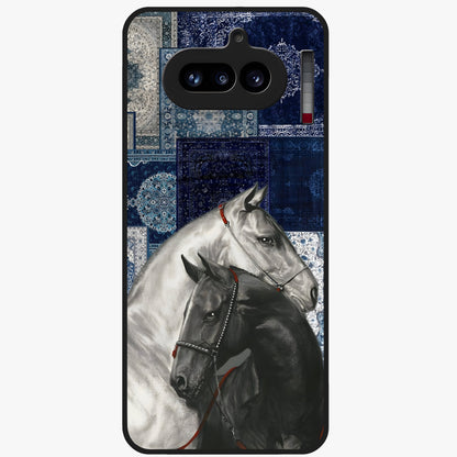Midnight Stallion Blues Glass Case showing flat back view with majestic horse artwork and glossy glass finish.