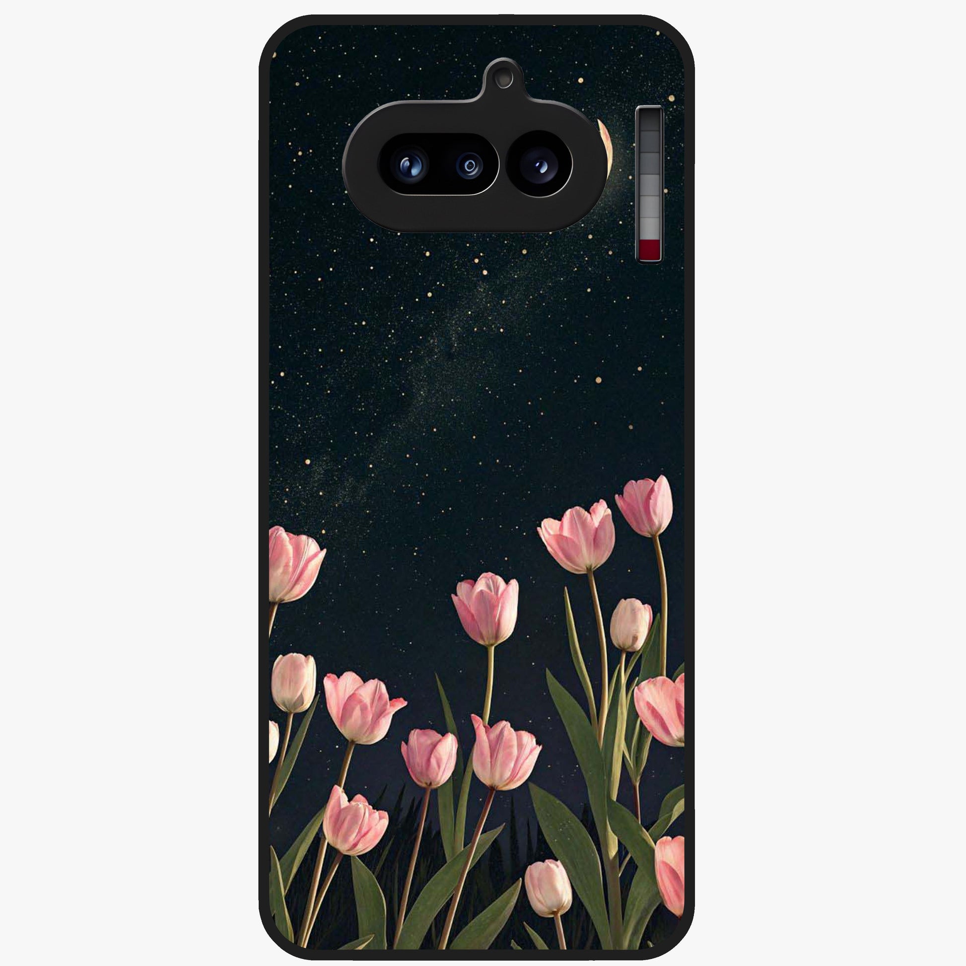 Midnight Tulip Whispers Vibe Glass Case showing flat back view with elegant tulip flower artwork and glossy glass finish.