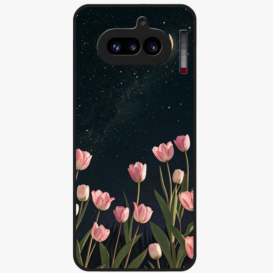 Midnight Tulip Whispers Vibe Glass Case showing flat back view with elegant tulip flower artwork and glossy glass finish.