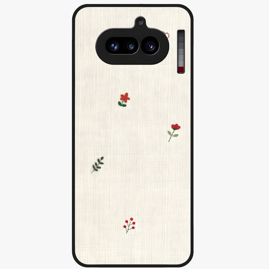 Minimal Petal Whispers Glass Case showing flat back view with soft minimal floral artwork and glossy glass finish.