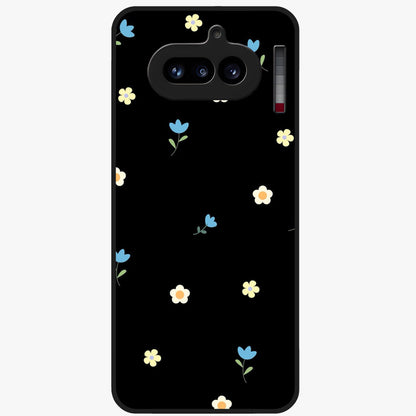 Minimalistic Blue With White Flower Pattern Glass Case showing flat back view with blue background and white flower pattern and glossy glass finish.
