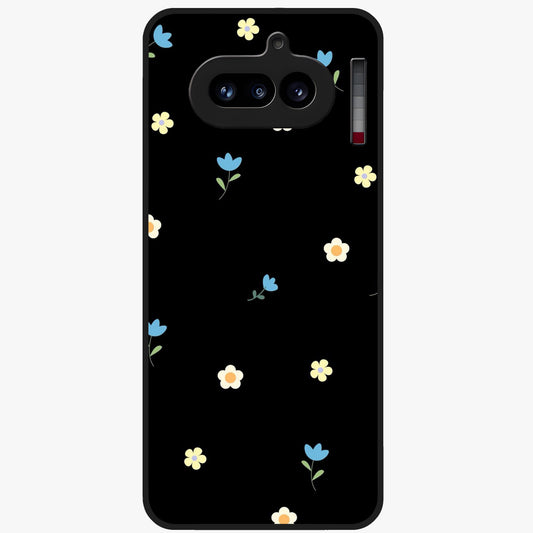 Minimalistic Blue With White Flower Pattern Glass Case showing flat back view with blue background and white flower pattern and glossy glass finish.
