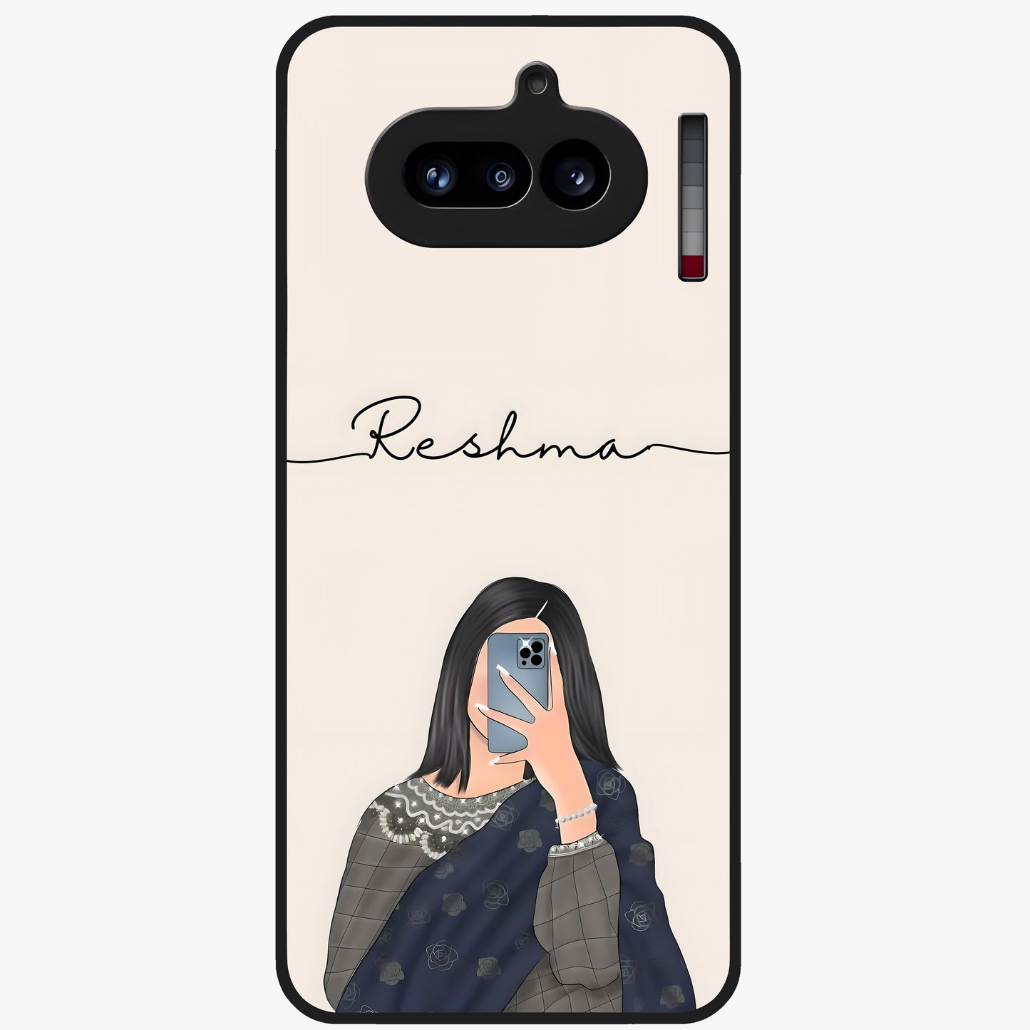 Mirror Mood Muse With Custom Name Glass Case showing flat back view with stylish mirrored artwork and personalized name design.