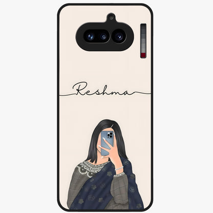 Mirror Mood Muse With Custom Name Glass Case showing flat back view with stylish mirrored artwork and personalized name design.