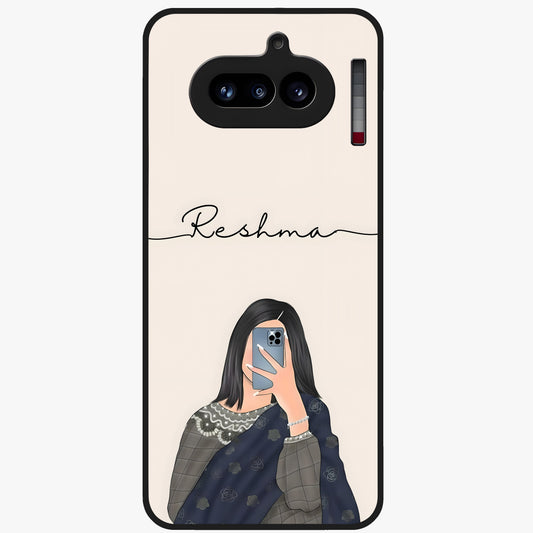 Mirror Mood Muse With Custom Name Glass Case showing flat back view with stylish mirrored artwork and personalized name design.