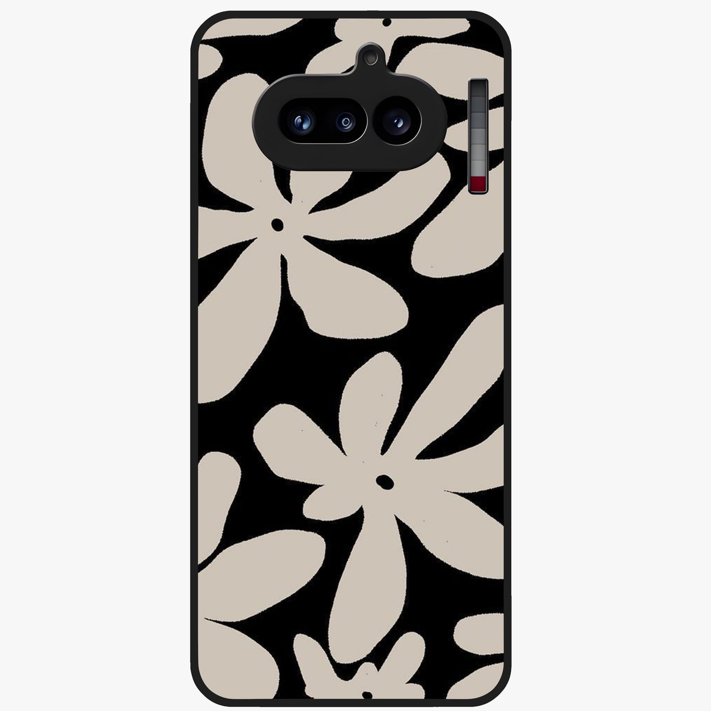 Monochrome Petal Dance Glass Case showing flat back view with monochrome floral artwork and glossy glass finish.