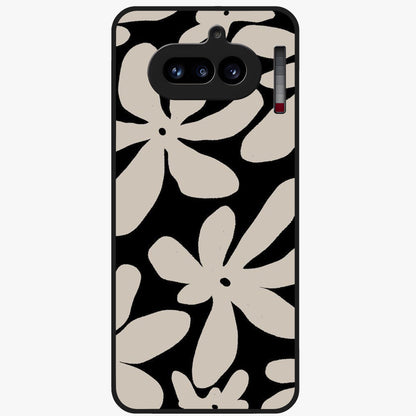 Monochrome Petal Dance Glass Case showing flat back view with monochrome floral artwork and glossy glass finish.