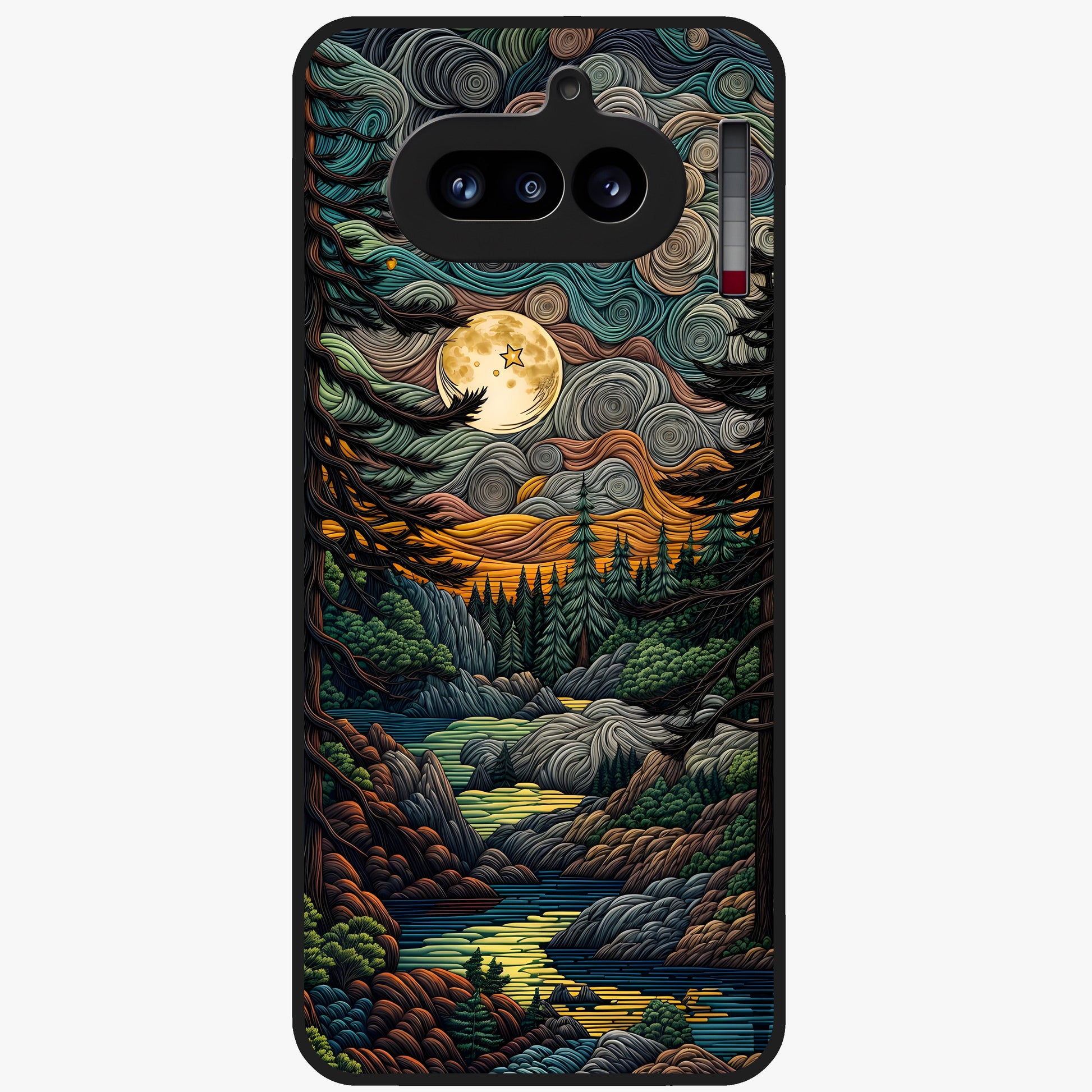 Moonlight Forest Dream Glass Case showing flat back view with mystical forest moonlight artwork and glossy glass finish.