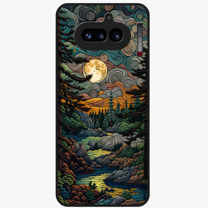 Moonlight Forest Dream Glass Case showing flat back view with mystical forest moonlight artwork and glossy glass finish.