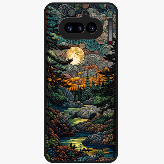 Moonlight Forest Dream Glass Case showing flat back view with mystical forest moonlight artwork and glossy glass finish.