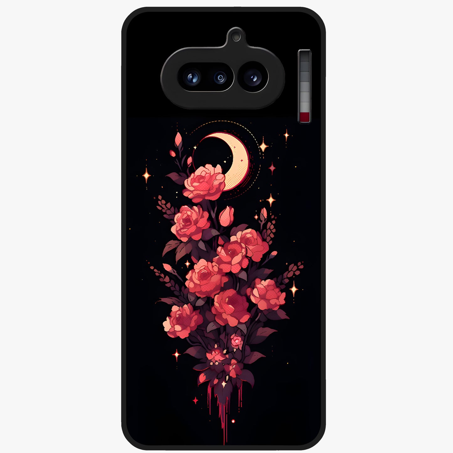 Moonlit Floral Elegance Glass Case showing flat back view with elegant floral artwork under moonlit tones and glossy glass finish.