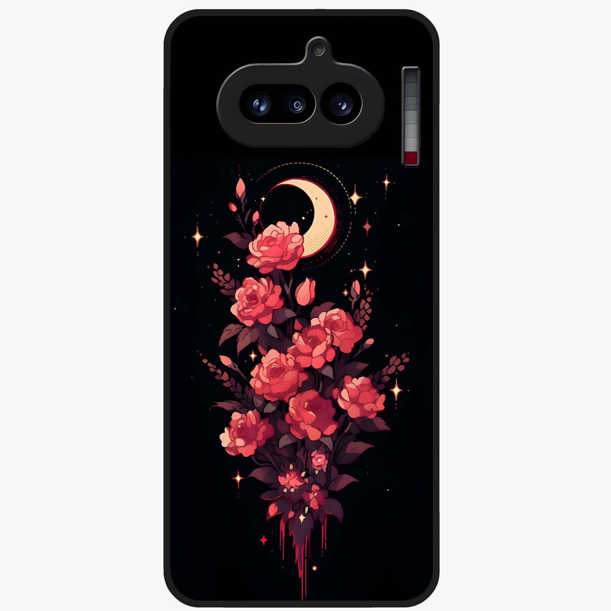 Moonlit Floral Elegance Glass Case showing flat back view with elegant floral artwork under moonlit tones and glossy glass finish.