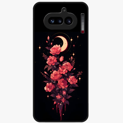 Moonlit Floral Elegance Glass Case showing flat back view with elegant floral artwork under moonlit tones and glossy glass finish.