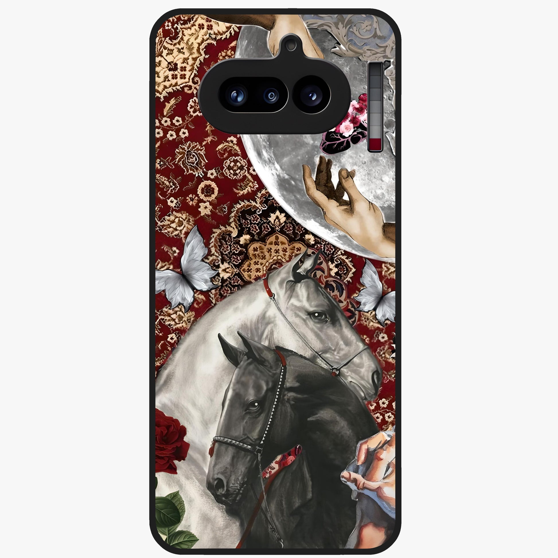 Moonlit Royal Stallion Glass Case showing flat back view with majestic horse under moonlight artwork and glossy glass finish.