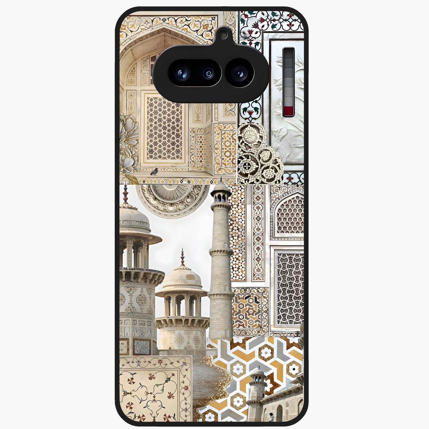 Mughal Marble Legacy Glass Case showing flat back view with intricate Mughal inspired marble pattern and glossy glass finish.