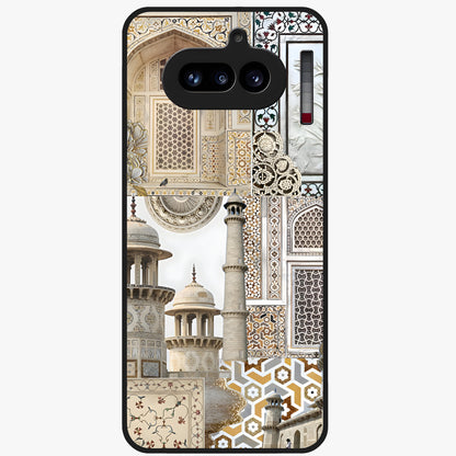 Mughal Marble Legacy Glass Case showing flat back view with intricate Mughal inspired marble pattern and glossy glass finish.
