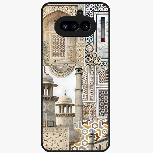 Mughal Marble Legacy Glass Case showing flat back view with intricate Mughal inspired marble pattern and glossy glass finish.