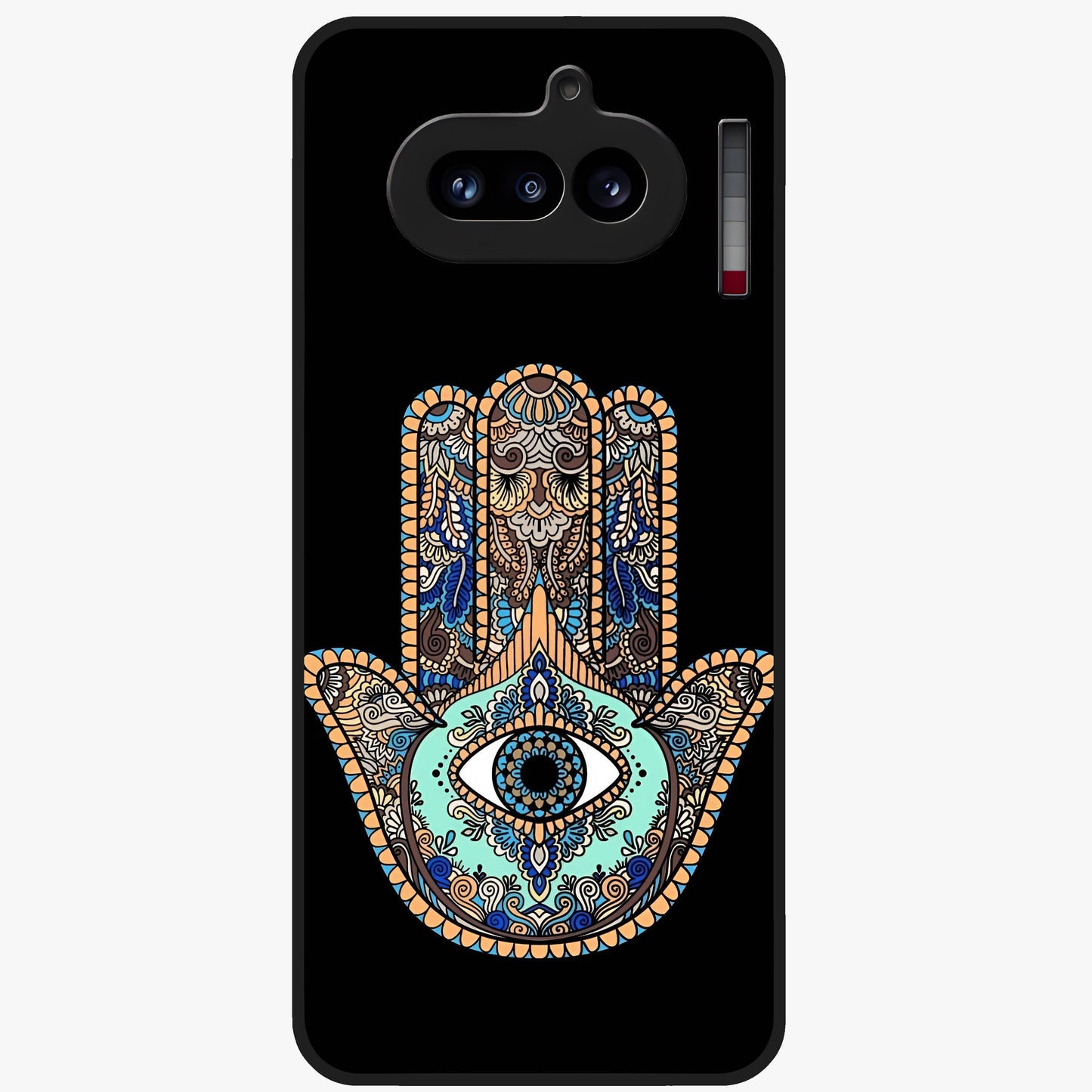 Mystic Hamsa Eye Glass Case showing flat back view with protective hamsa hand and evil eye artwork and glossy glass finish.