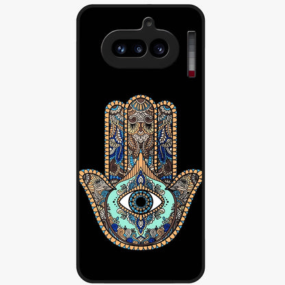 Mystic Hamsa Eye Glass Case showing flat back view with protective hamsa hand and evil eye artwork and glossy glass finish.
