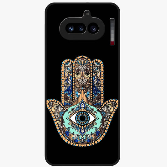 Mystic Hamsa Eye Glass Case showing flat back view with protective hamsa hand and evil eye artwork and glossy glass finish.